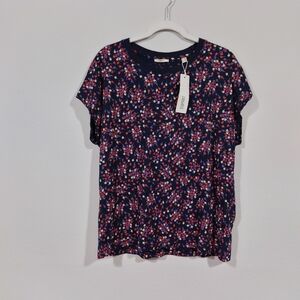 Esprit Floral Top Size 2XL NWT Cotton Modal Short Sleeve Navy Multicolor Blouse